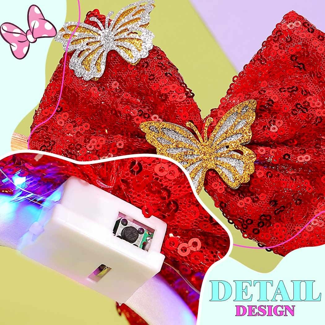 JAKAWIN Light Up Mouse Ears Headband Glowing Bow 11*9.1IN, 5 Red