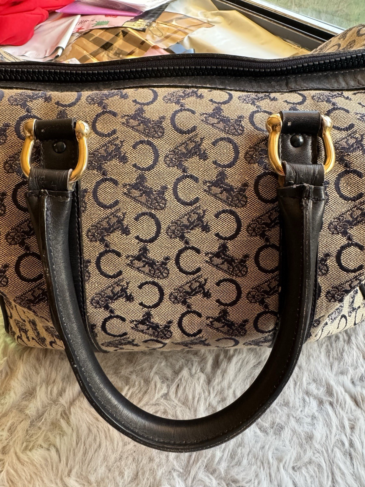 CELINE C Macadam Hand Bag Canvas Navy