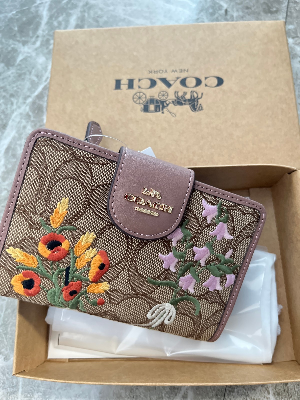 NEW COACH CEC32 Medium Corner Zip Wallet Signature Jacquard w Floral Embroidery
