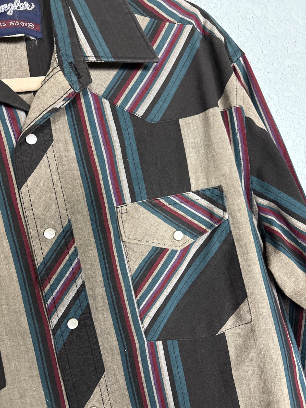 Vintage Wrangler Western Shirt 15 1/2-35 M Striped Pearl Snap X-Long Tails
