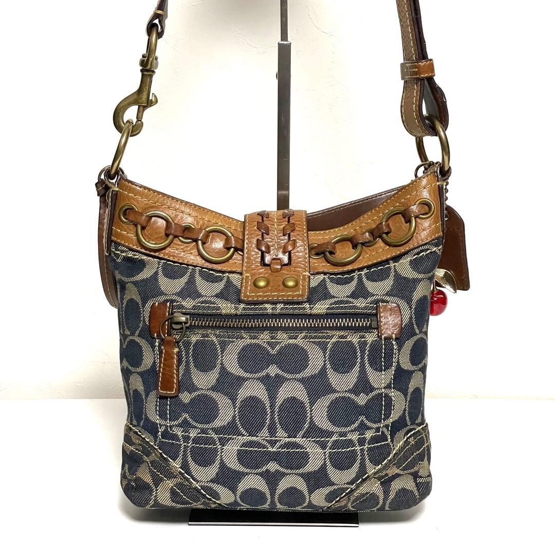 Coach Jackie 10405 Denim Canvas Shoulder Bag Blue Brown Gold Charm 8.7in