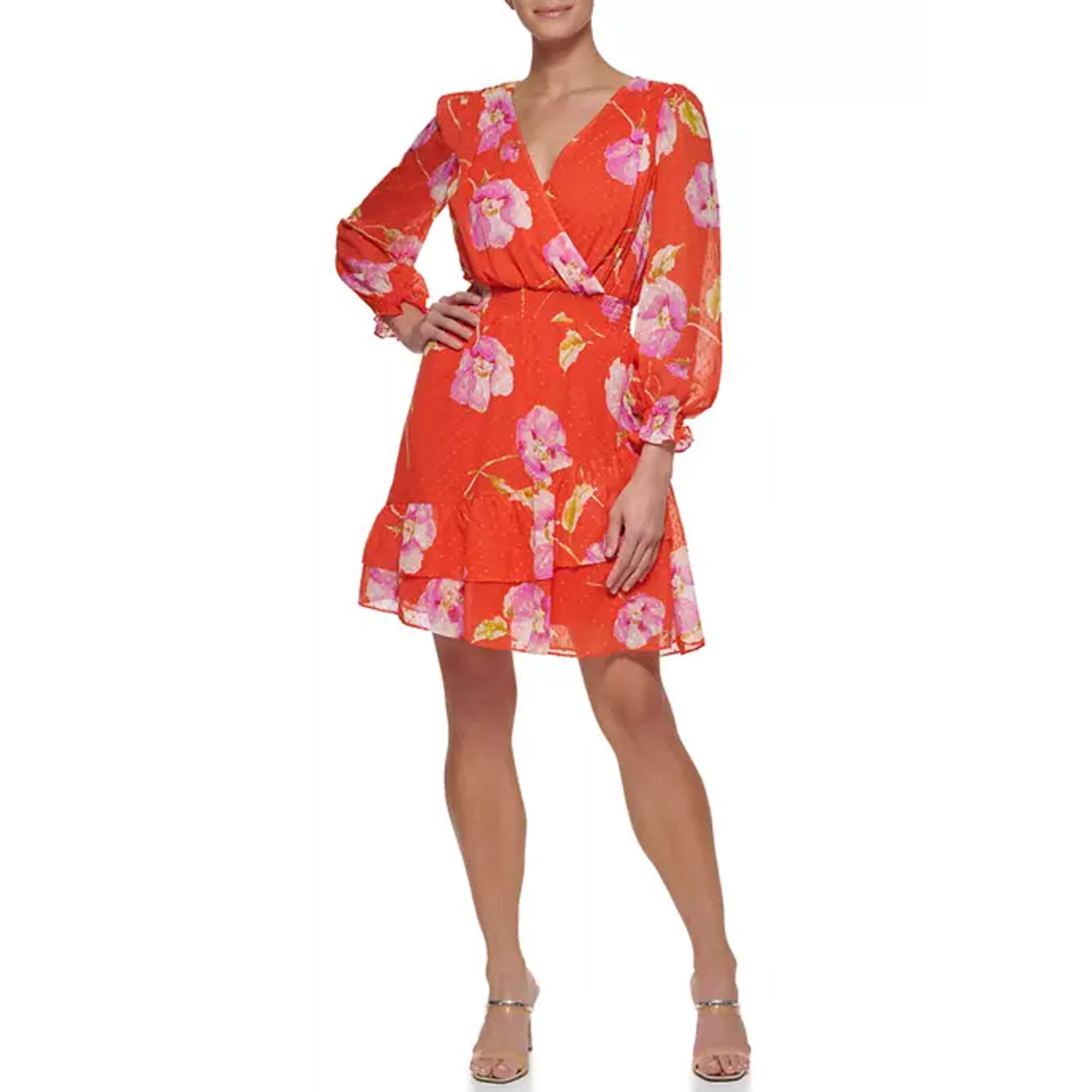 DKNY Size 4 Orange 3/4 Sleeve Floral Fit Flare A-Line Dress Ruffle Surplus B3
