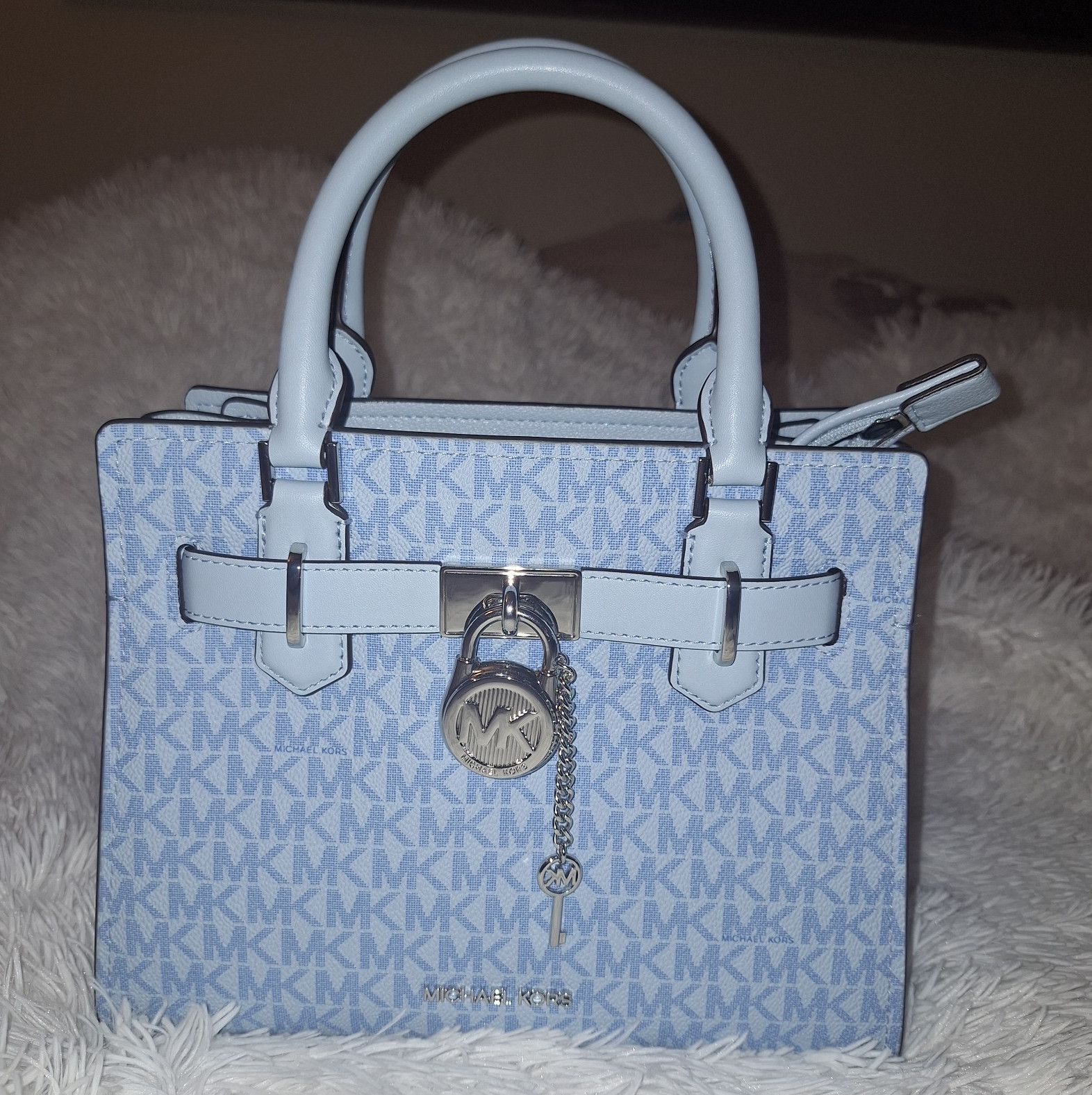 Michael Kors Hamilton Blue Monogram Satchel Top Handle Zip w/ Detachable Strap