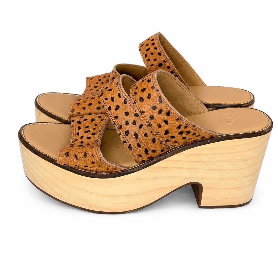 Leopard Print Wooden Platform Clogs Mules Size 7 Boho Y2K Slip On Sandals
