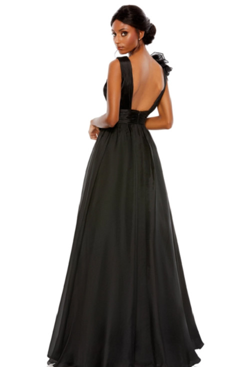 MAC DUGGAL 48856 Black Ruffle Shoulder V-Neck Empire Waist Maxi Ball-Gown 2 = XS