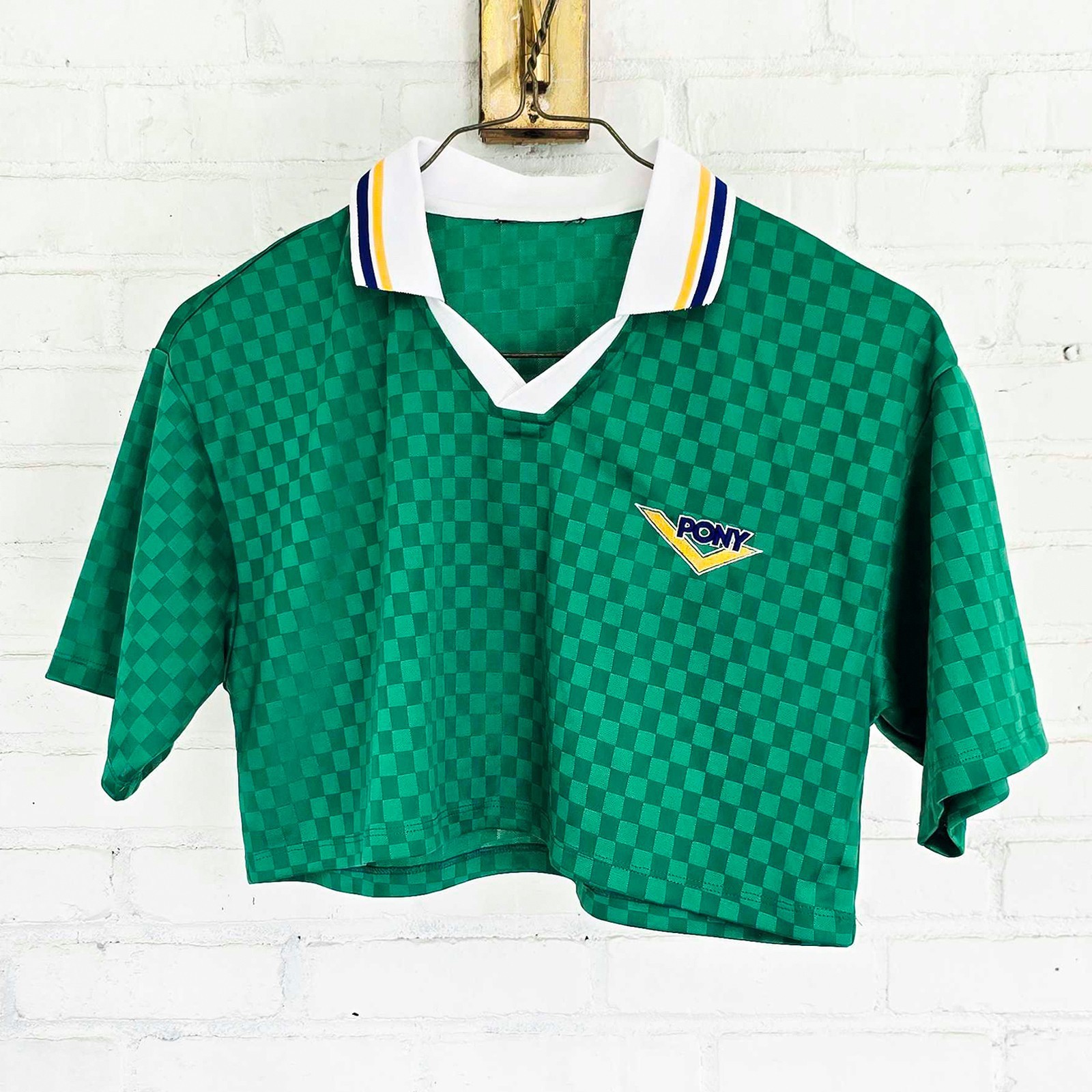 PONY Cropped Green Polo FIFA World Cup Jersey Checkered Short Sleeve Embroidered