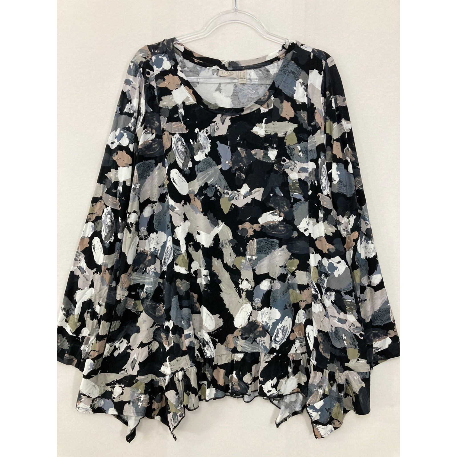 LOGO Lori Goldstein Tunic Top 1X Multi Gray Abstract Stretch Knit Ruffle Hem