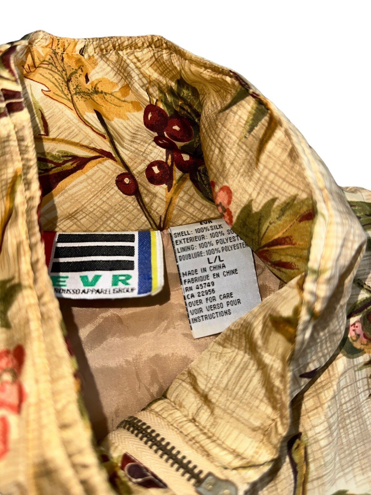 Vintage EVR Floral 100% Silk Jacket Full Zip Up Bomber Coat Size Large