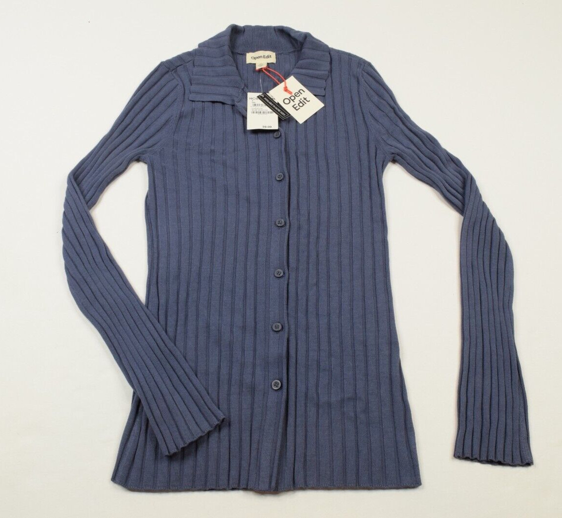 Open Edit Blue Shadow Ribbed Button-Up Long Sleeve Tunic Sweater Womens S