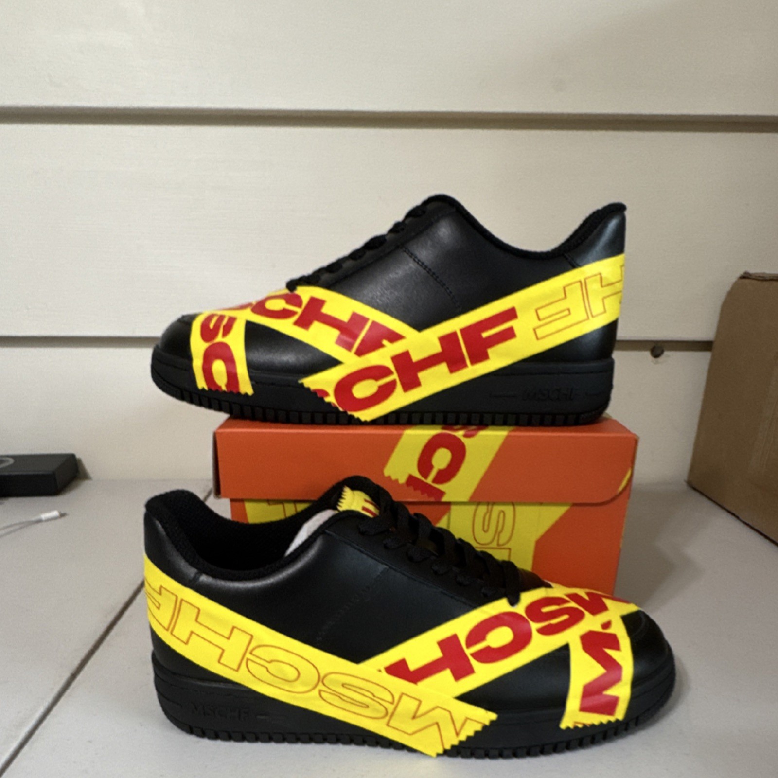 MSCHF TAP3 mschf-007 Men’s Low Top Athletic Sneakers Black Yellow Red Leather