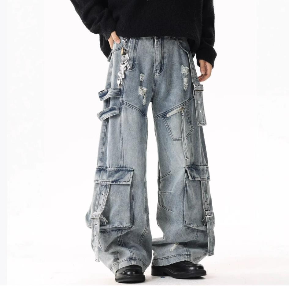 Mens Blue Denim Jeans Straight Wide Leg Casual Punk Hip Hop Pants Ripped Pockets