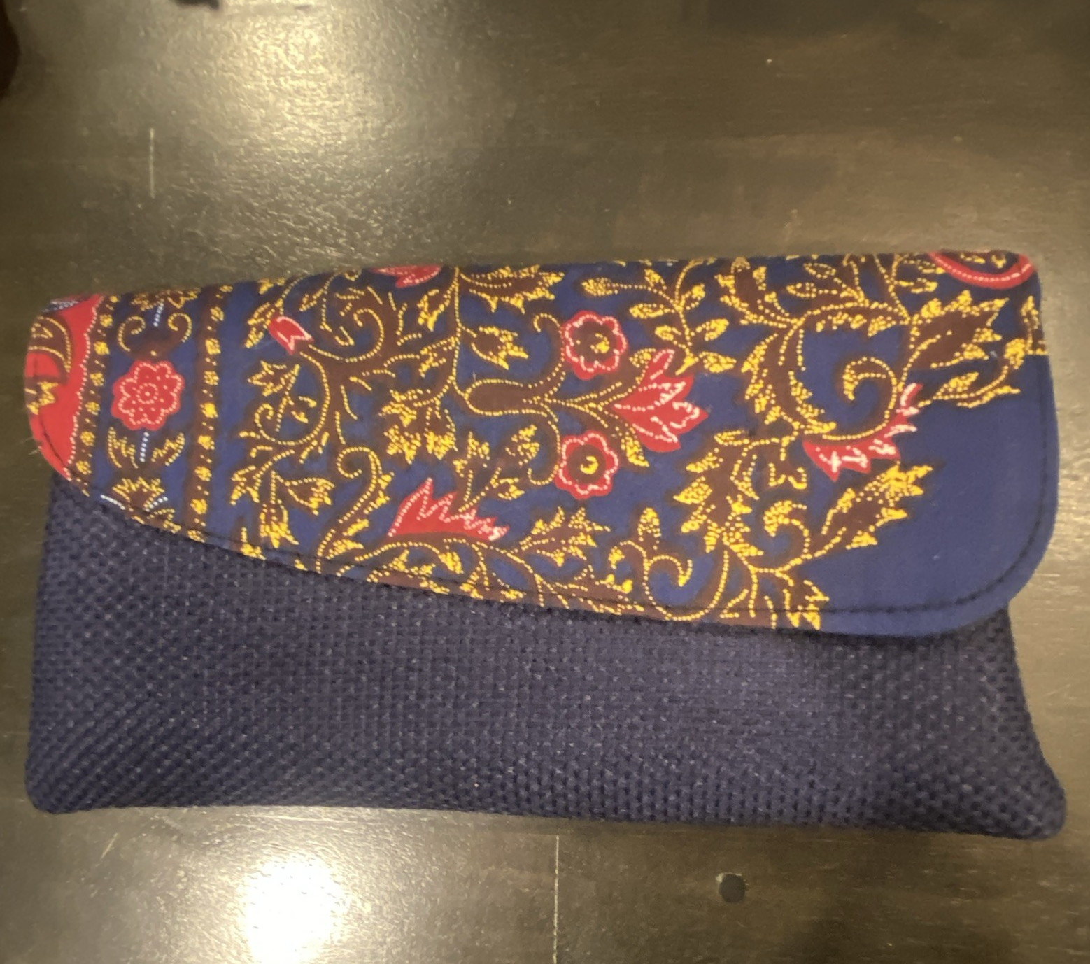 Blue Floral Flap Clutch Rectangle Snap & Zip Closure Inner Zipper Pocket Gold
