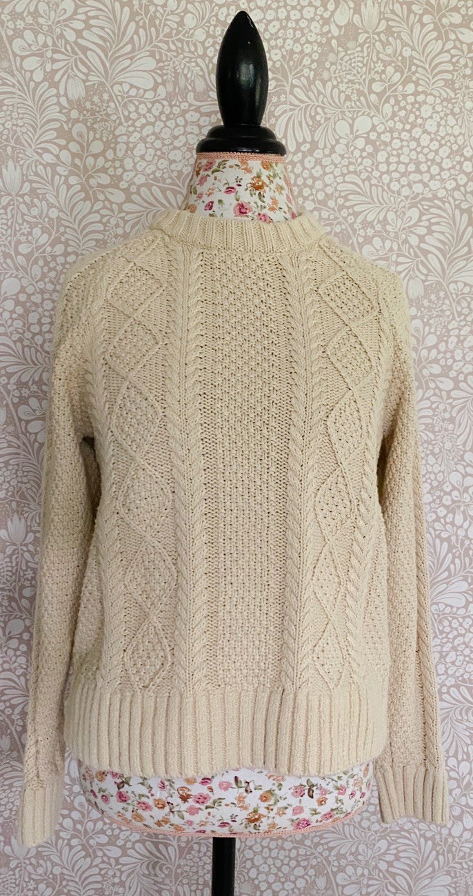 LL BEAN Signature Fisherman Coastal Sweater Womens Small Cream Cotton Cable Knit