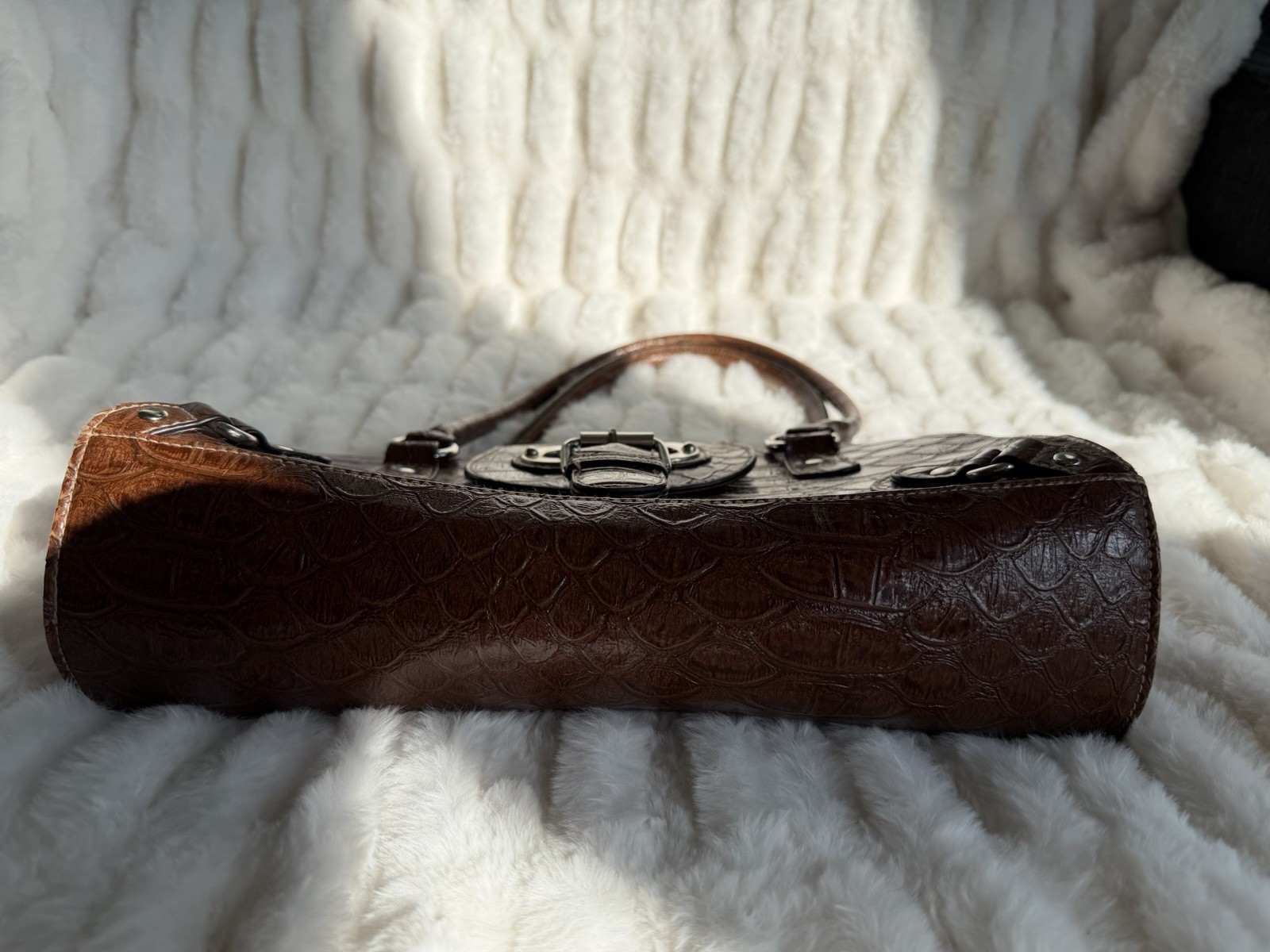 Brown Embossed Shoulder Bag Double Handles Buckle Strap Accents Magnetic Zip