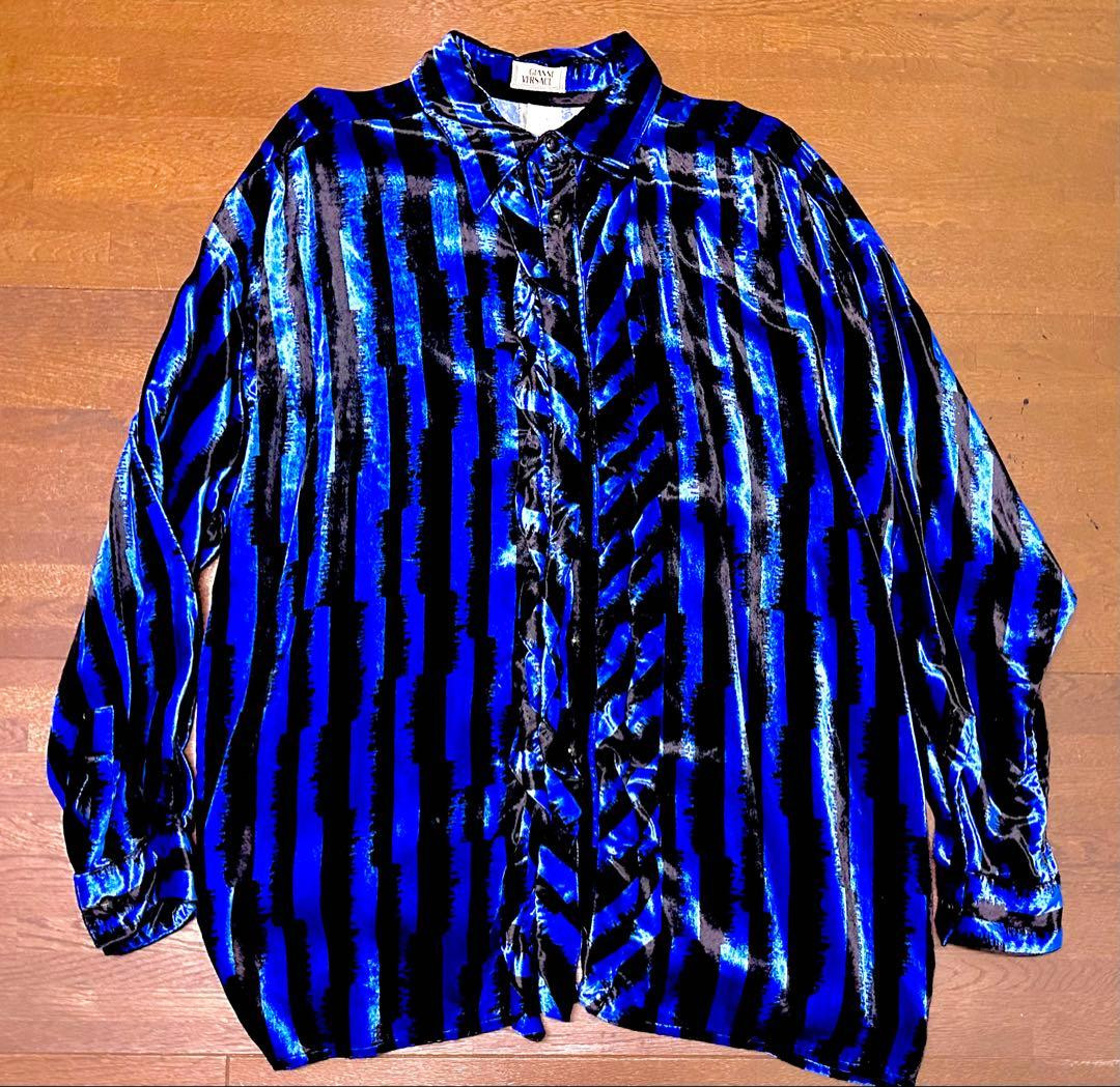 GIANNI VERSACE Men Vintage Velour Dress Shirt Blue Black Size XL Long Sleeve