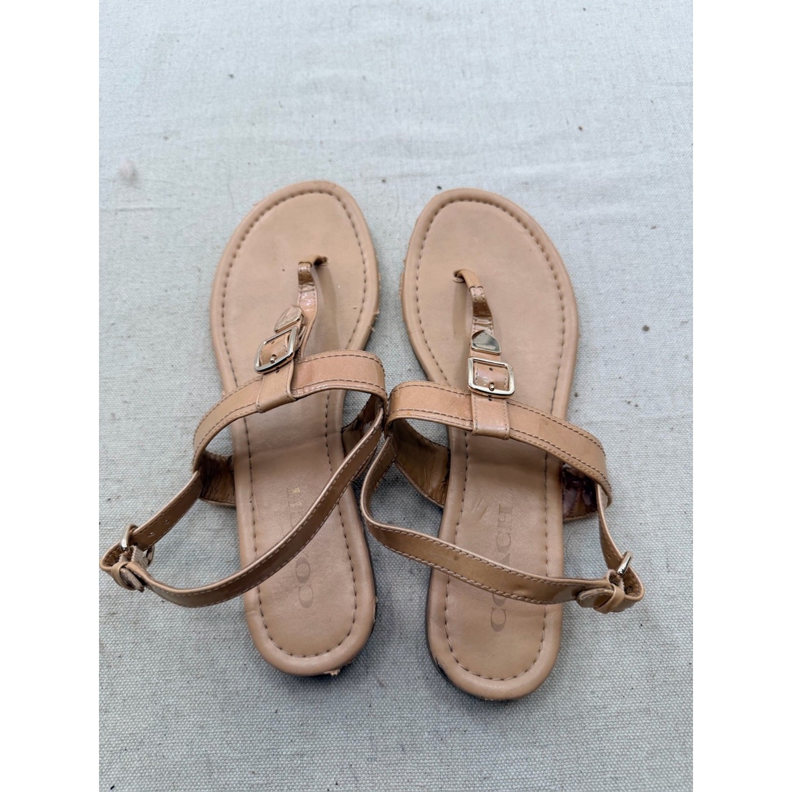 Coach Cassidy Nude/Tan Leather T-Strap Sandals with Buckle