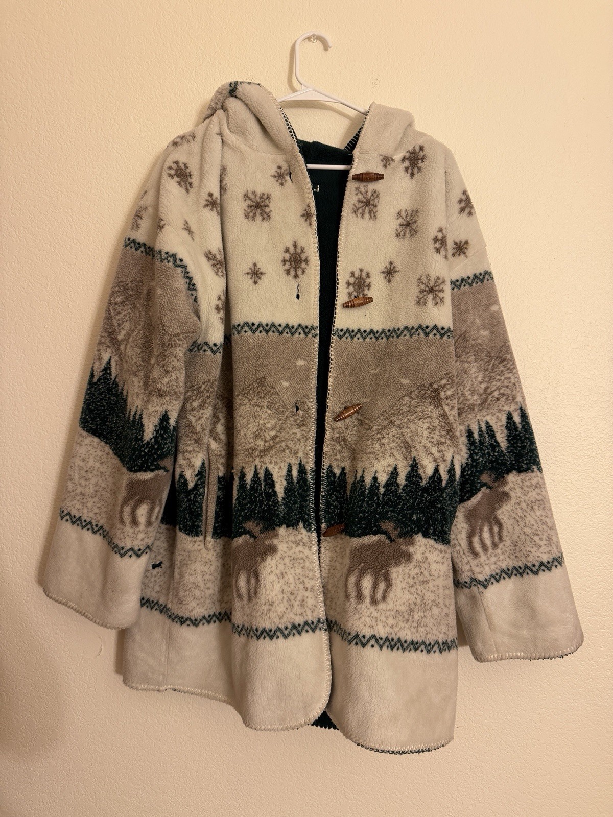 Vintage Denali Large Sherpa Fleece Hooded Long Nature Jacket Blanket Cozy Deer