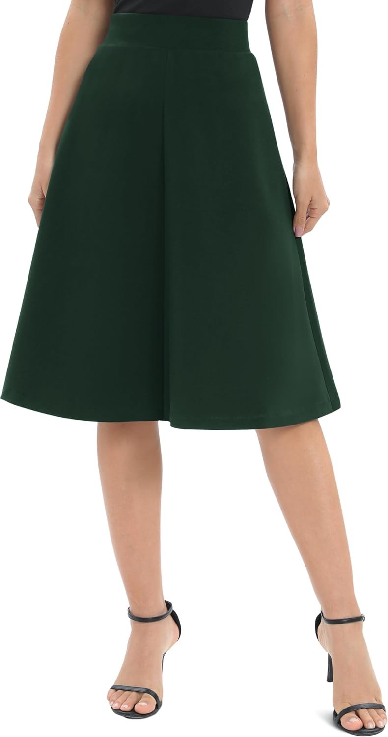 Womens High Waist A-Line Work Skirt Stretchy Knee Length Flare Office Midi Skirt