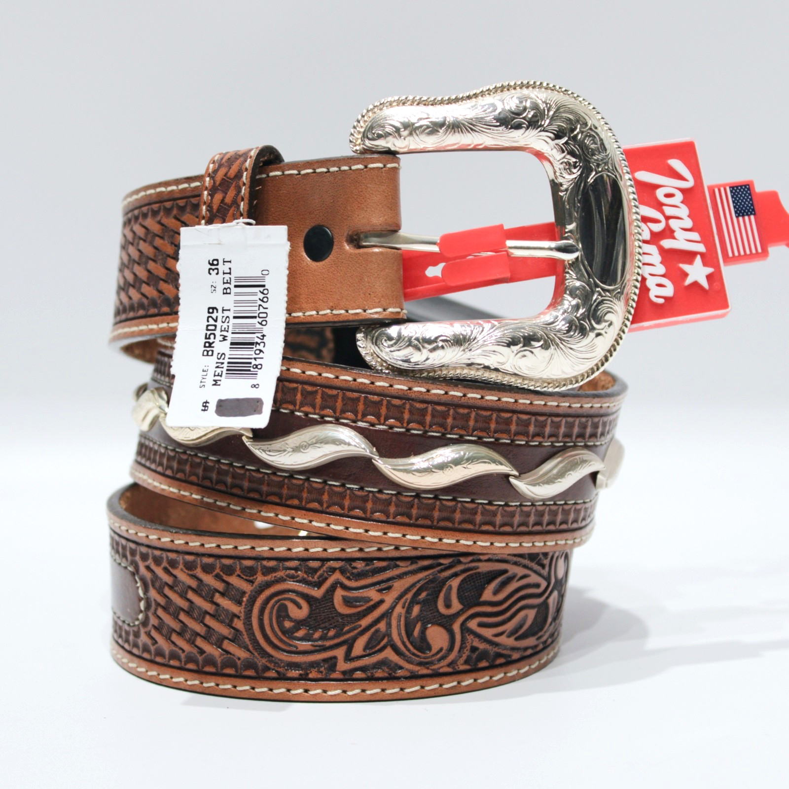 NWT Tony Lama Made in USA Brown Leather Western Belt Men Size 36 (44″ x 1.5″)