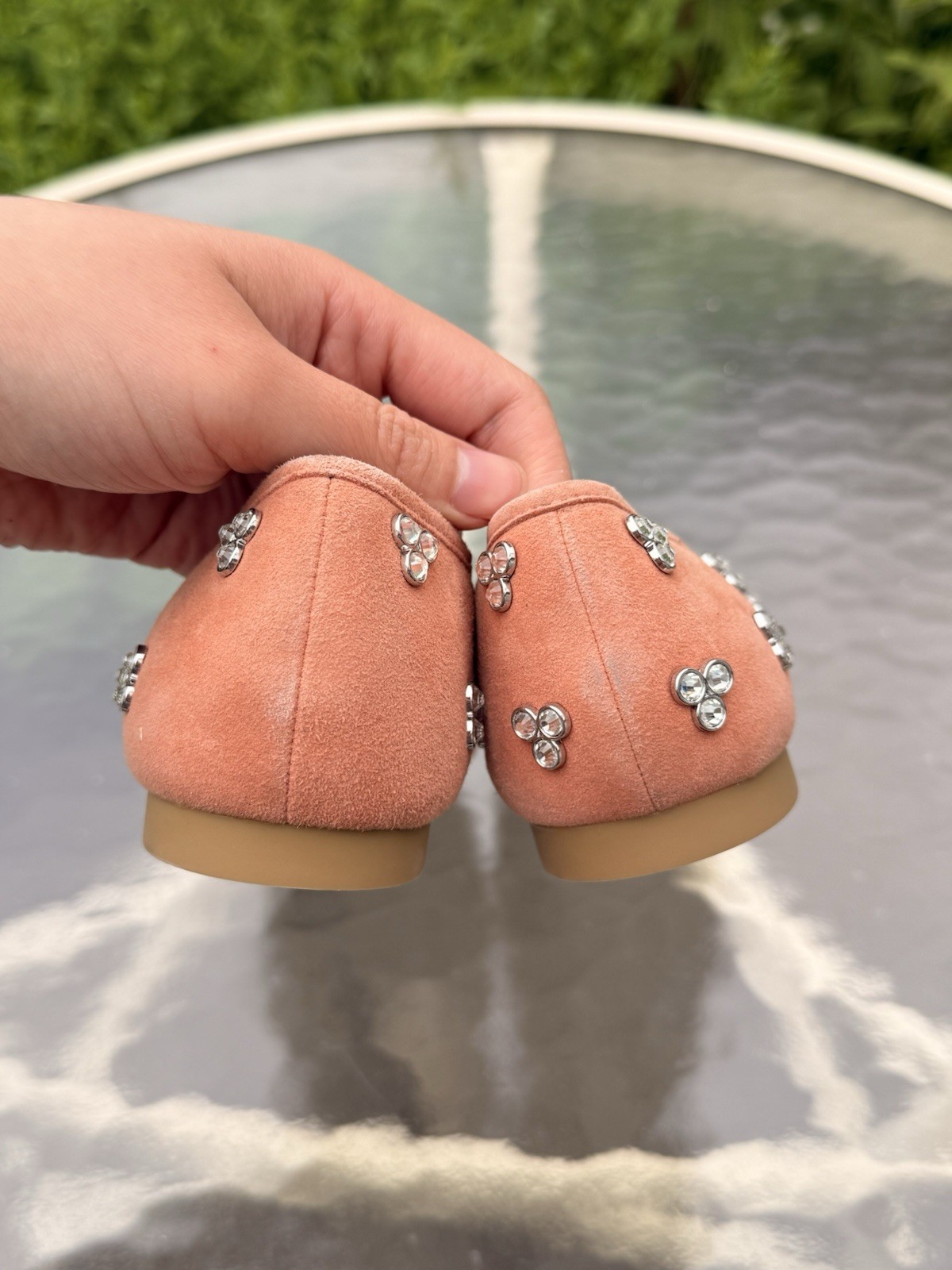 Stuart Weitzman Womens Ballet Flats US 6 Pink Suede Round Toe Bow Rhinestone