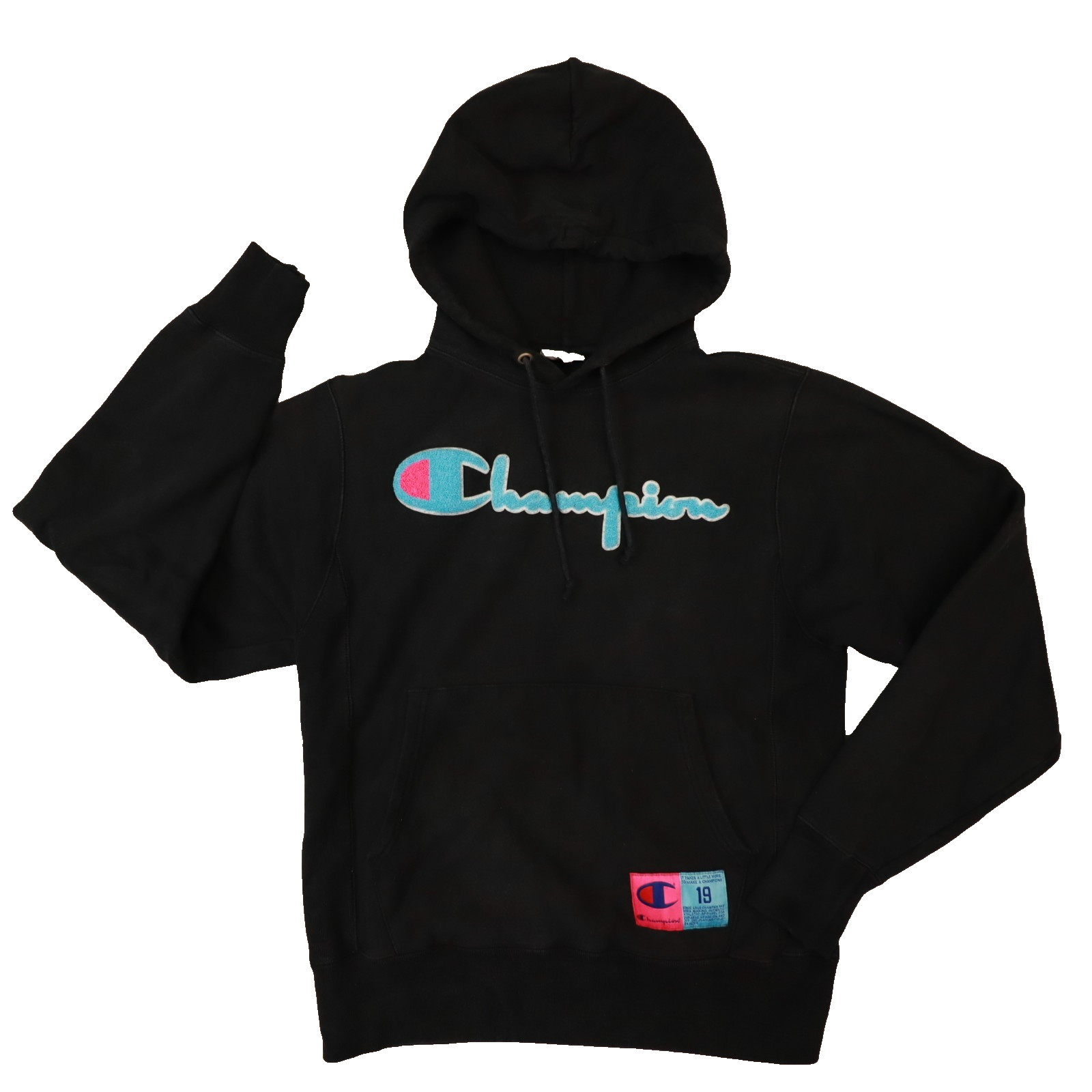 Champion Reverse Weave Hoodie Black Neon Blue Pink Retro Sweatshirt size Small