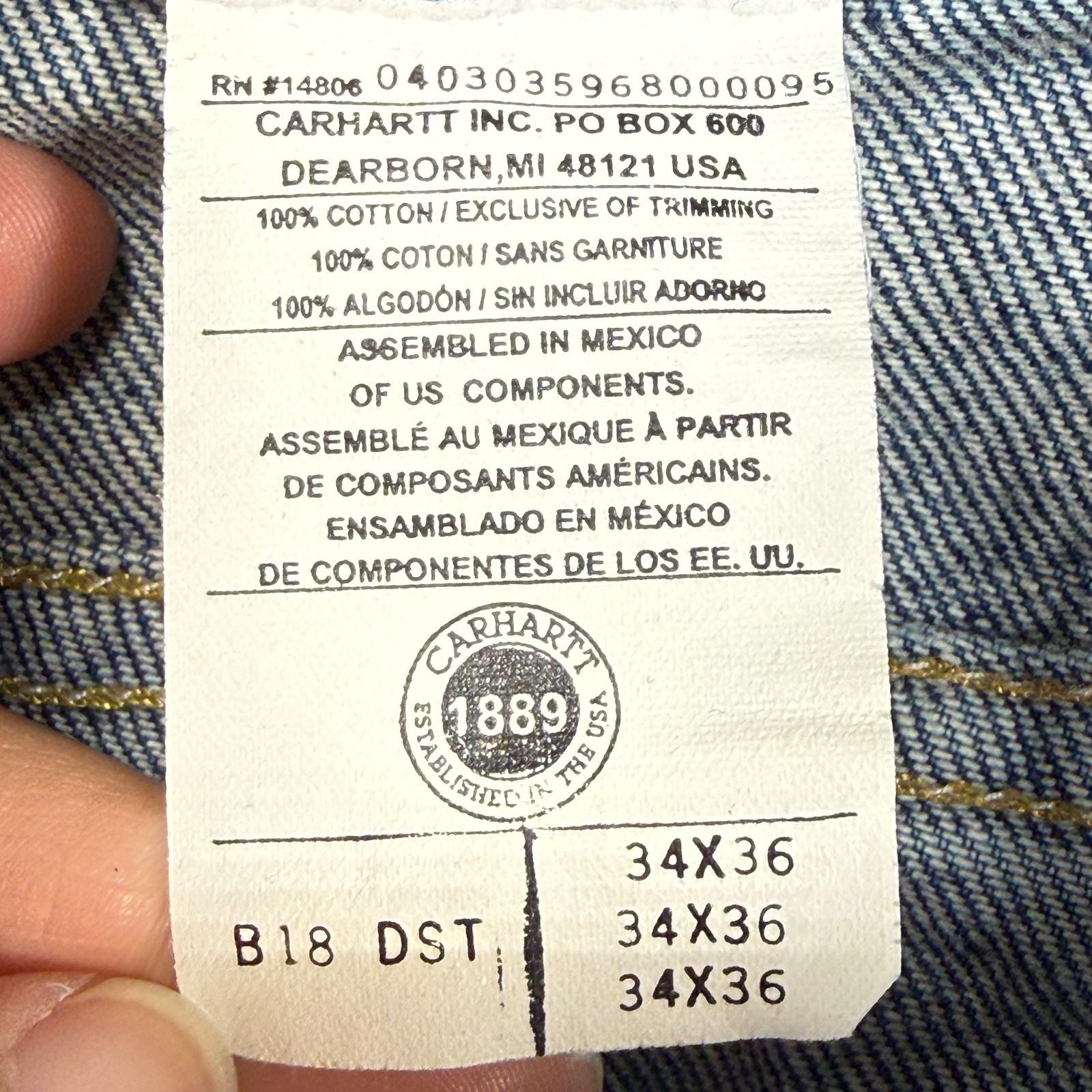Carhartt Traditional Fit Jeans Mens 34×36 Blue Straight Leg B18 DST Vintage Y2K