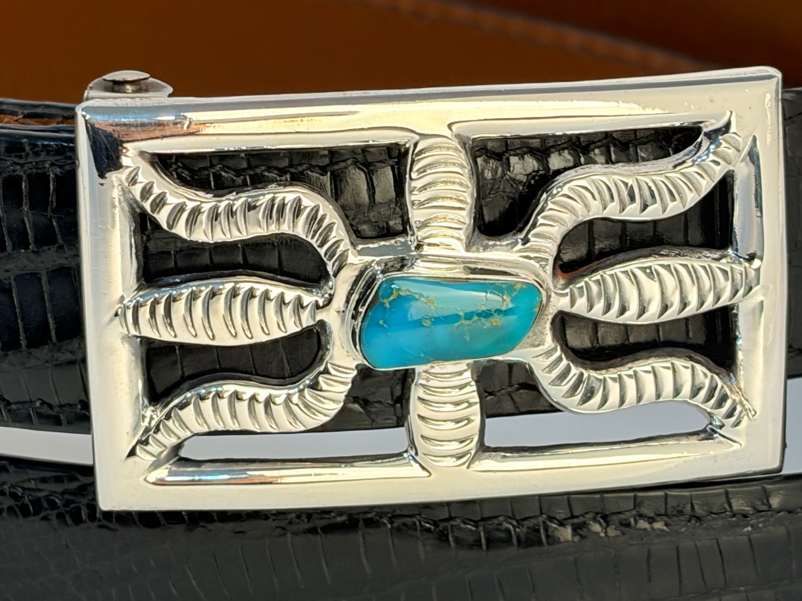 Vintage Sandcast Sterling Silver .925 Turquoise Belt Buckle 38 Genuine Lizard
