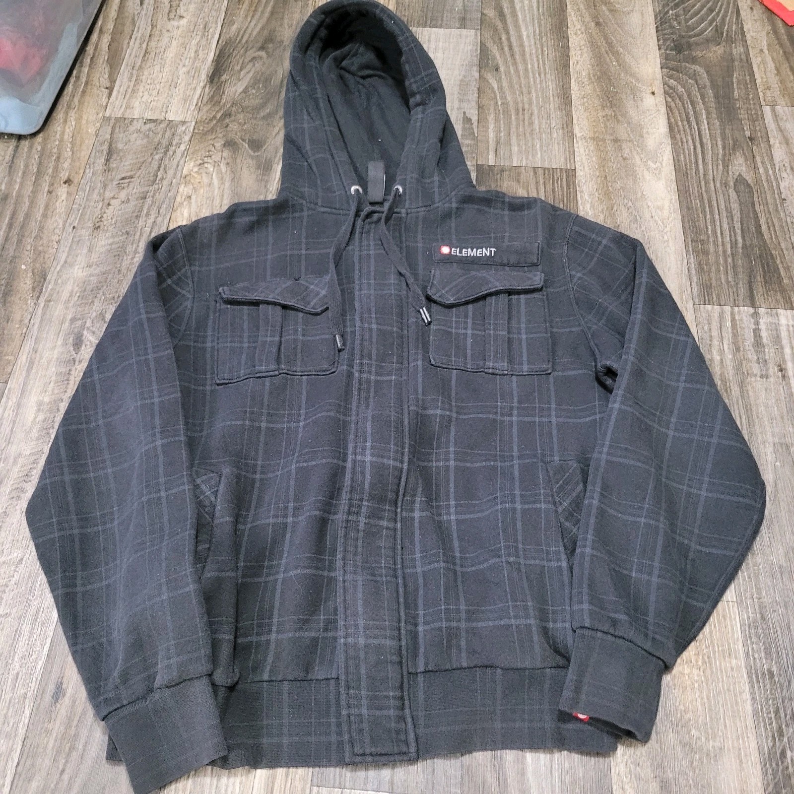 Element Skateboards Full Zip Hoodie Mens Small Plaid Gray Pockets Logo