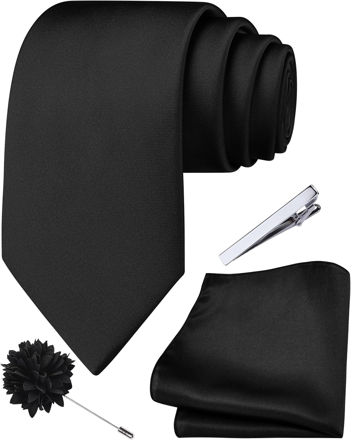 3.15″（8cm） Mens Tie and Lapel Pin Solid Necktie Handkerchief Tie Clip Set for Me