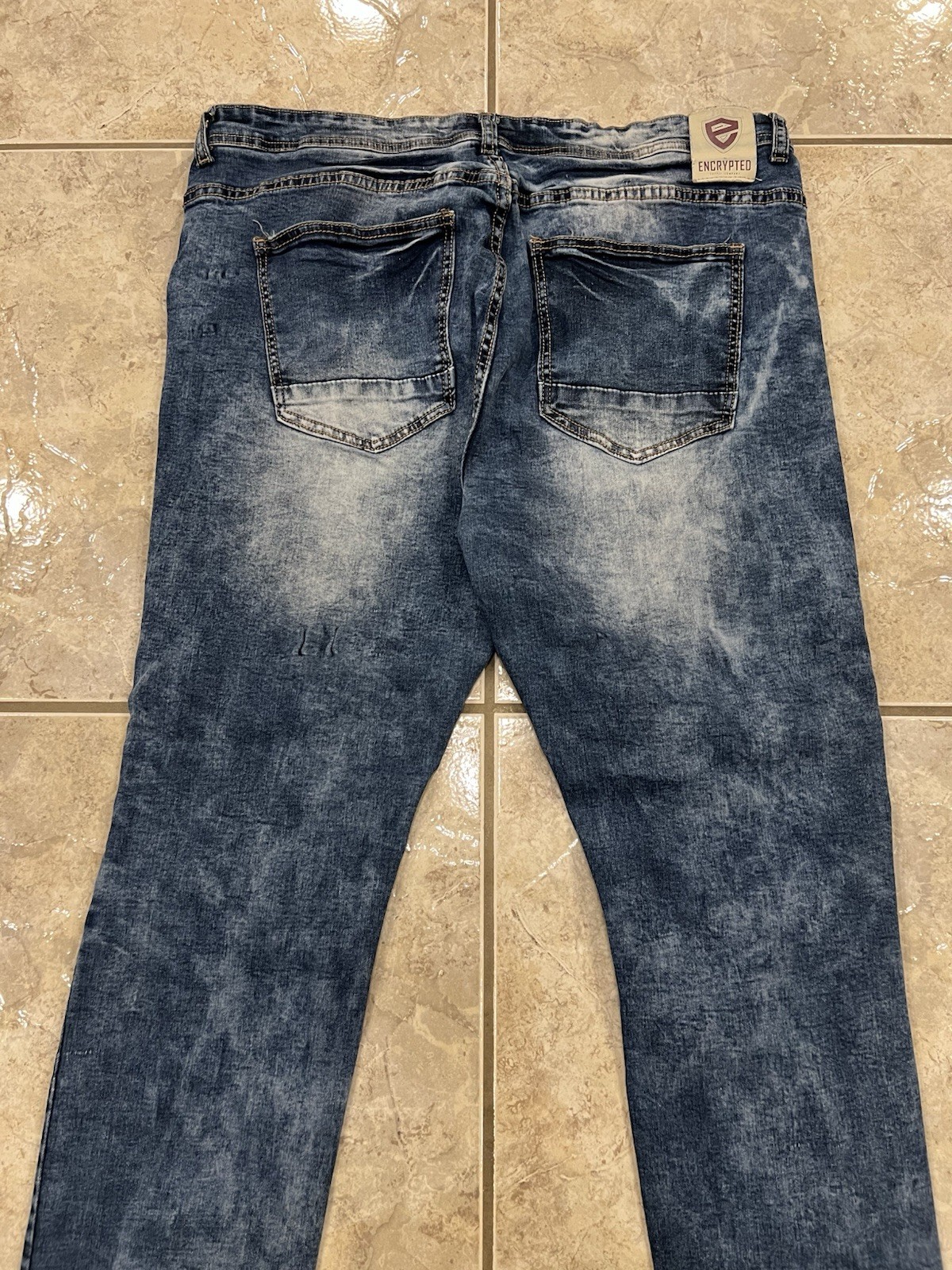 ENCRYPTED Men’s 40 Acid Wash Biker Jeans Slim Fit Moto Skinny Blue Denim