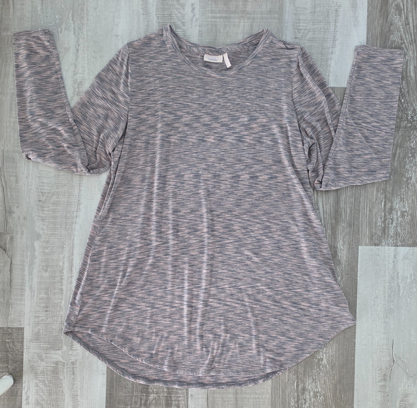 LOGO LAYERS gray marbleized long-sleeve round-neck stretch pullover shirt (L)