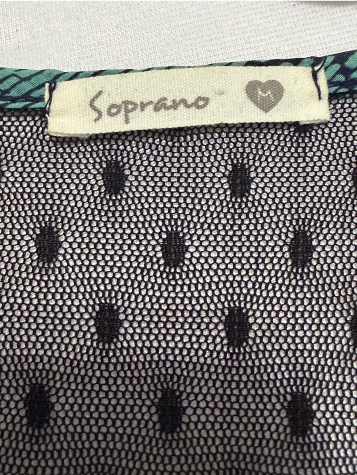 Soprano Women’s M Green/Black Geometric Scoop Neck 3/4 Sheer Mesh Yoke Blouse