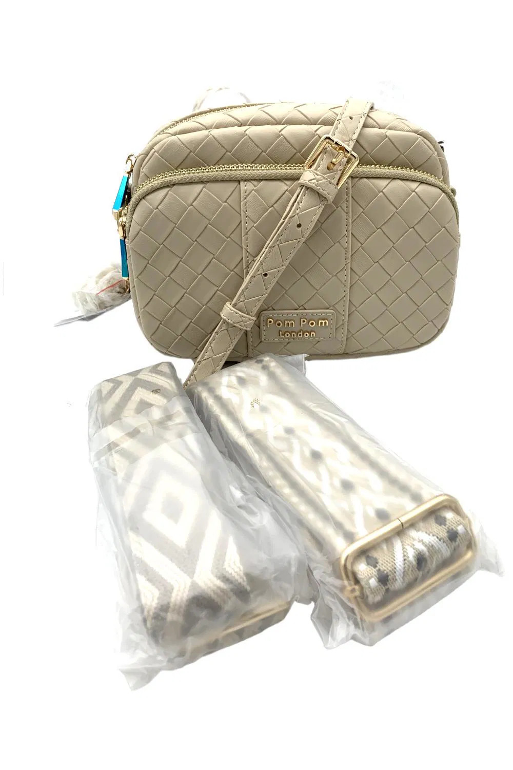 Pom Pom London Mayfair Leather Crossbody w/Multi Straps SoftBeigeWoven