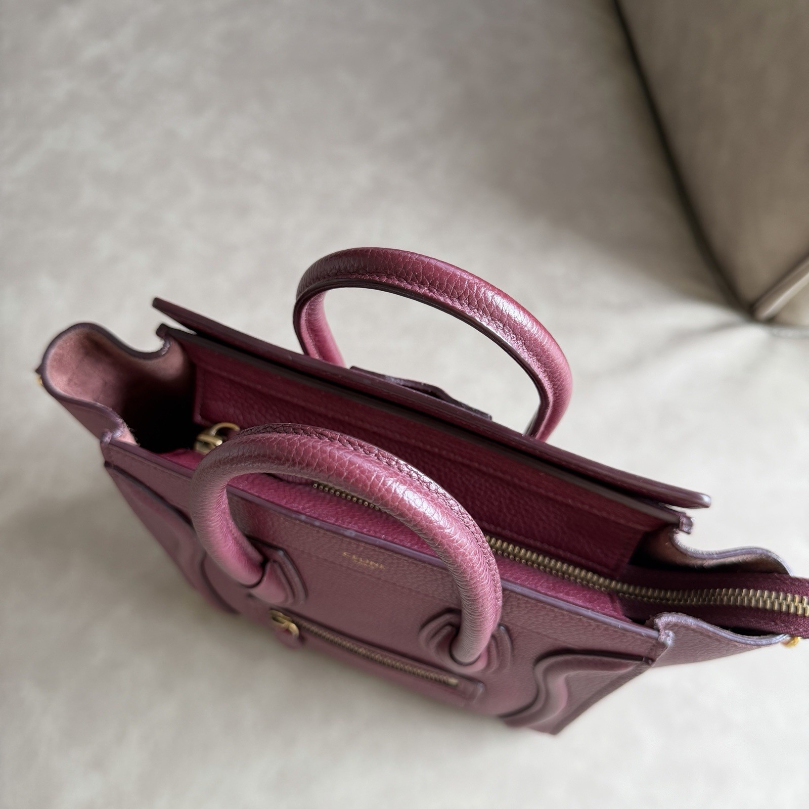 CELINE Luggage Nano Shopper Drummed Calfskin Leather Bordeaux Shoulder Bag 2WAY