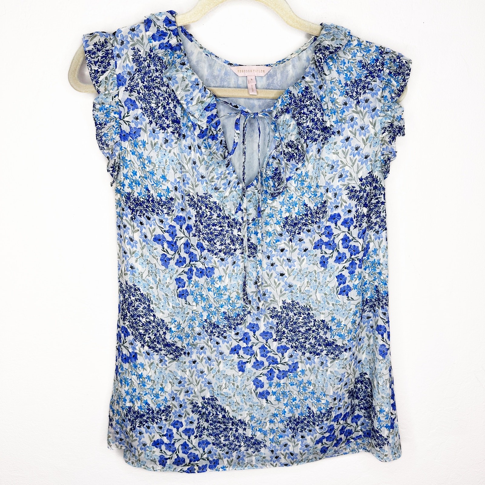 Rebecca Taylor Ava Sleeveless Floral Blue Silk Blend Tie V Neck Blouse Top 8