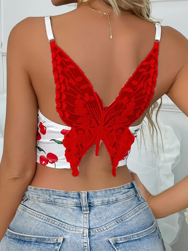 NEW Small. Red Cherry Crop Top Poly Knit Open Neck. HUGE RED BUTTERFLY On Back