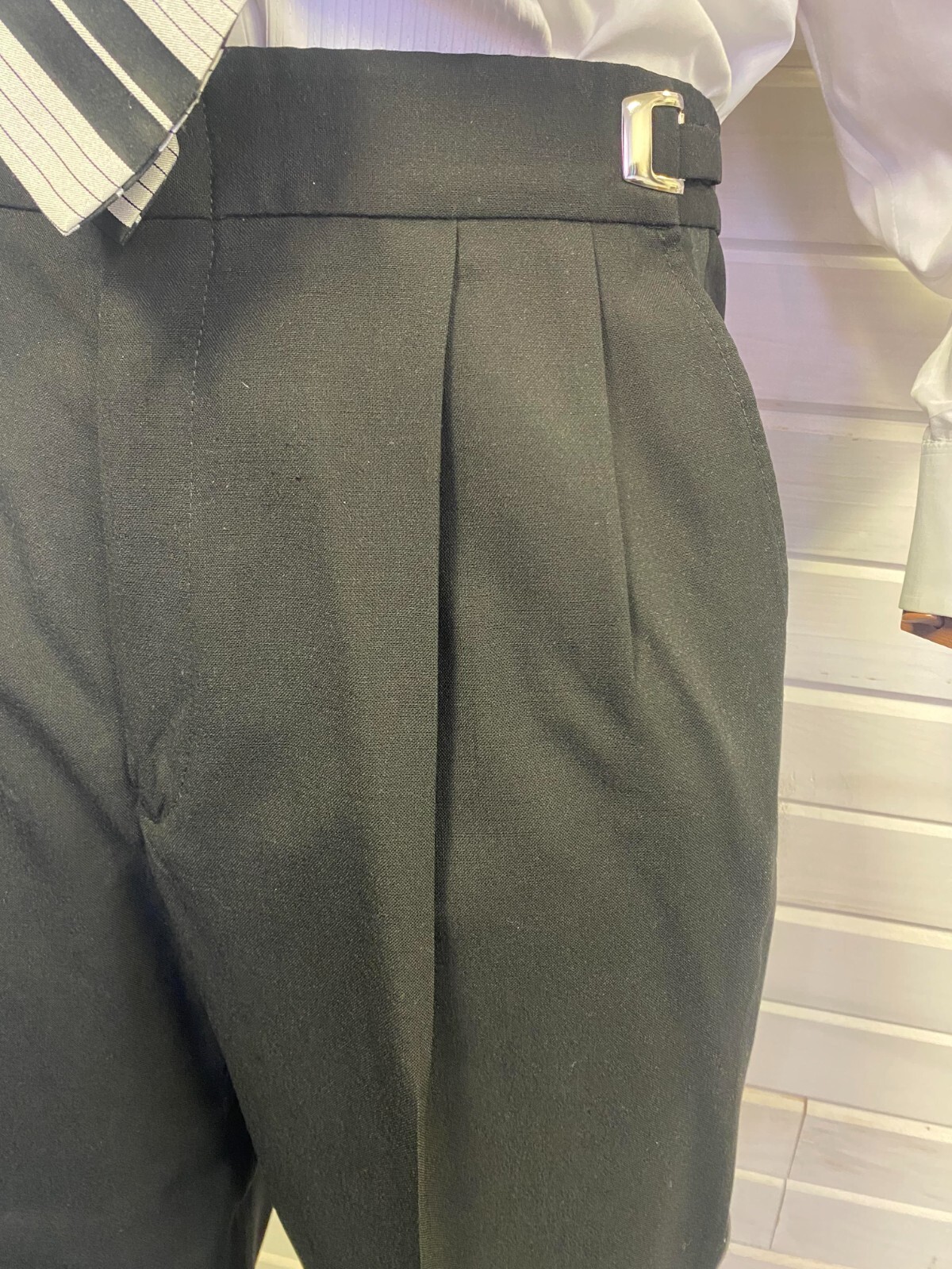 Black Pleated Satin Stripe Tuxedo Pant – 100% Wool!