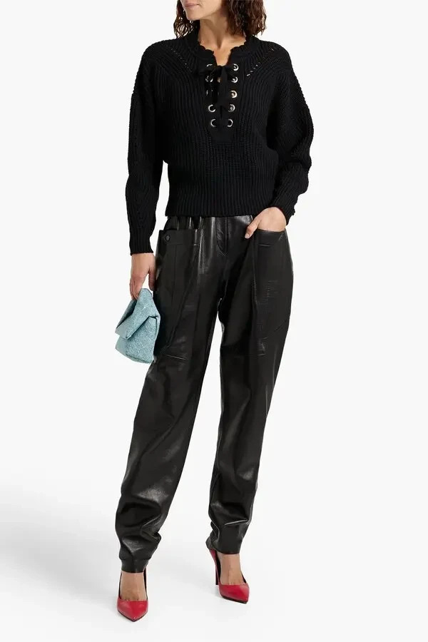 ISABEL MARANT Laley lace-up ribbed cotton and wool-blend sweater SIZE FR 36