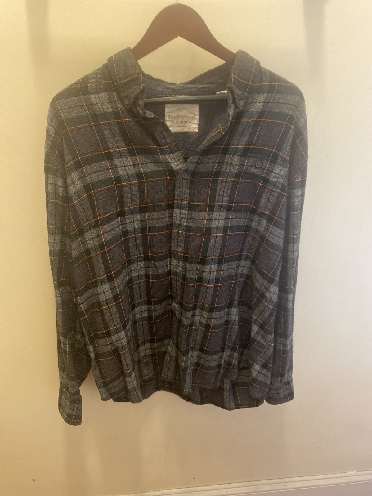 Weather Proof Vintage Black Gray Plaid Red/yellow Button Up Flannel Mens Sz XL