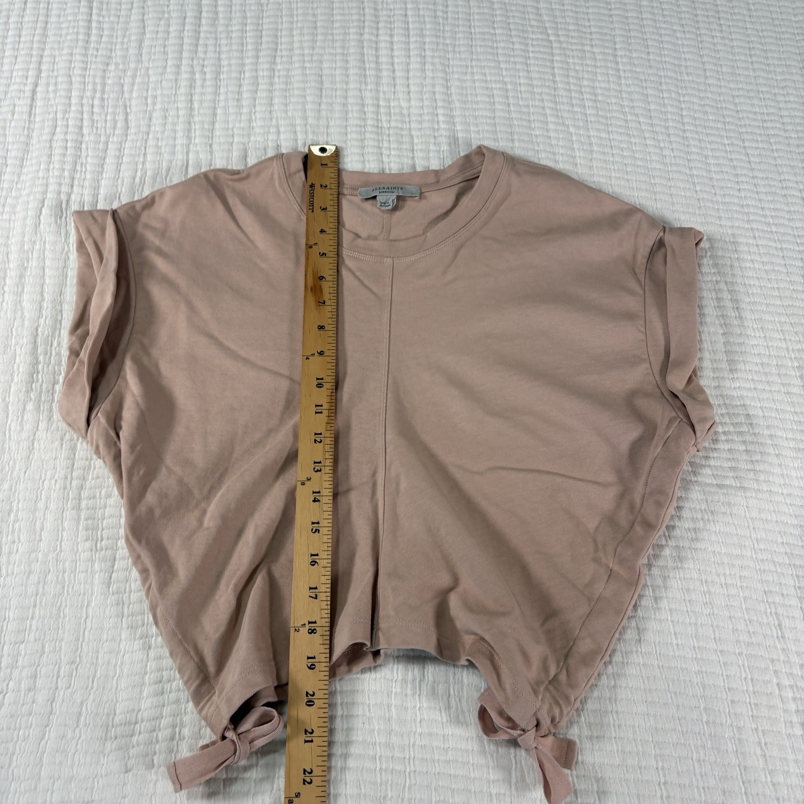 All Saints Shirt Womens Medium Beige Mira Tee Cropped Side Tie Ruched Neutral