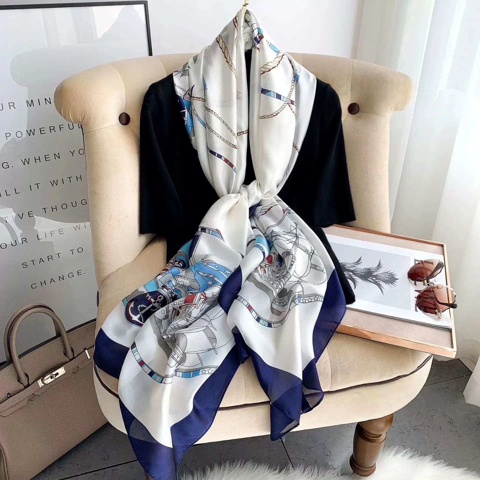 180x80cm Large Print Silk Scarf Women Luxury Satin Shawl Wrap Hijab Bandana Beac