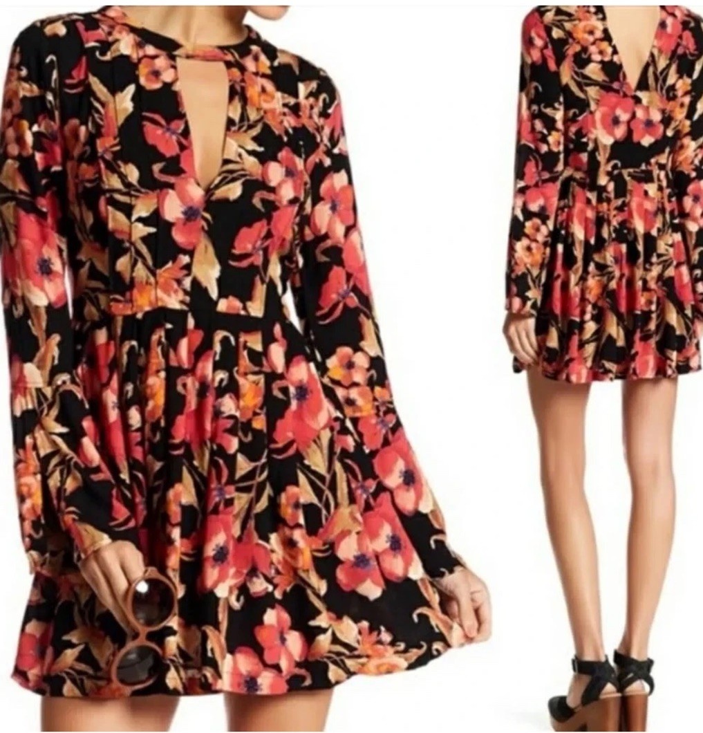 Free People Tegan Black Orange Floral Bell Long Sleeve Fit Flare Mini Dress Sz 8