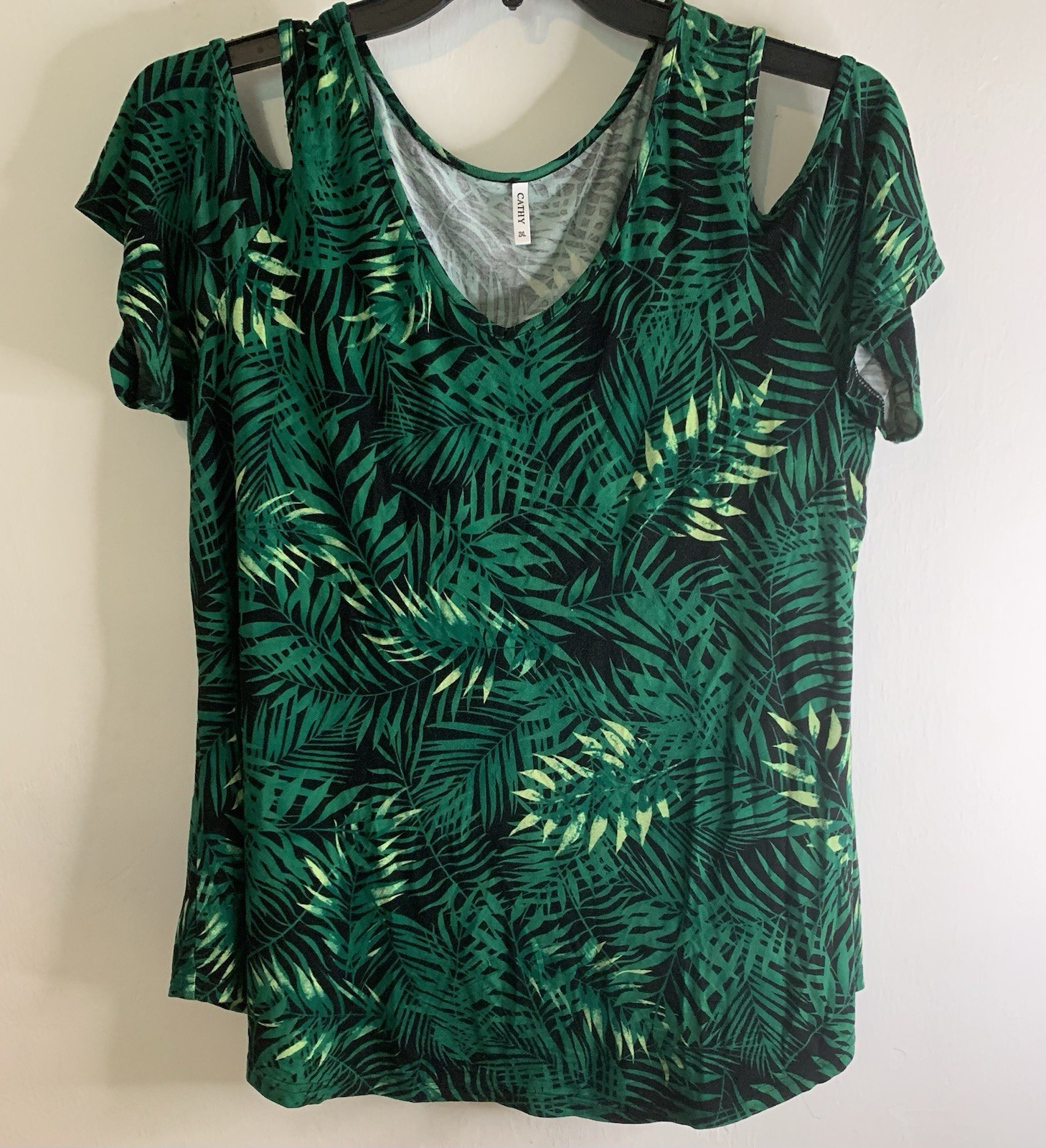 Cathy Palm Tropical Palm V Neck Womens 2XL Flowy Stretch Sleeve Cut Outs Top