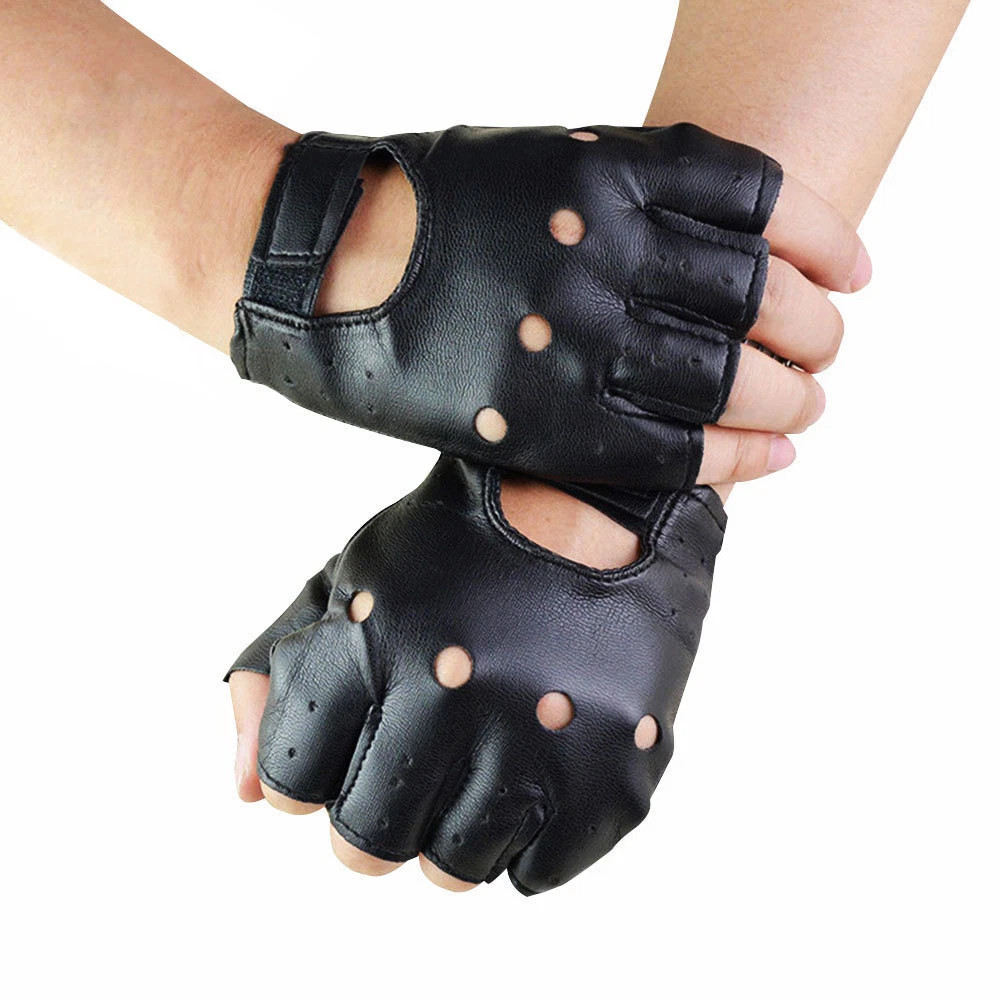 2× Men’s Black Motorcycle Fingerless Leather Half Finger Driving Biker Gloves US