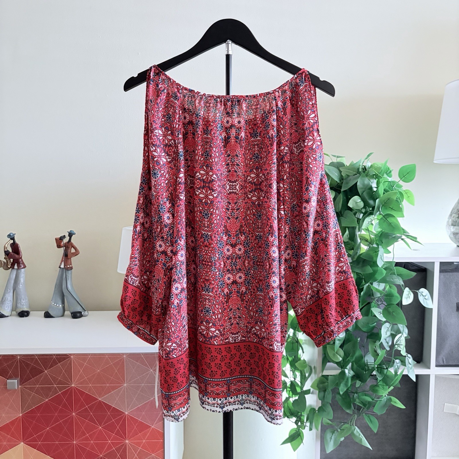 Counterparts Womens XL Boho Floral Blouse 3/4 Sleeve Keyhole Neck Red Multicolor