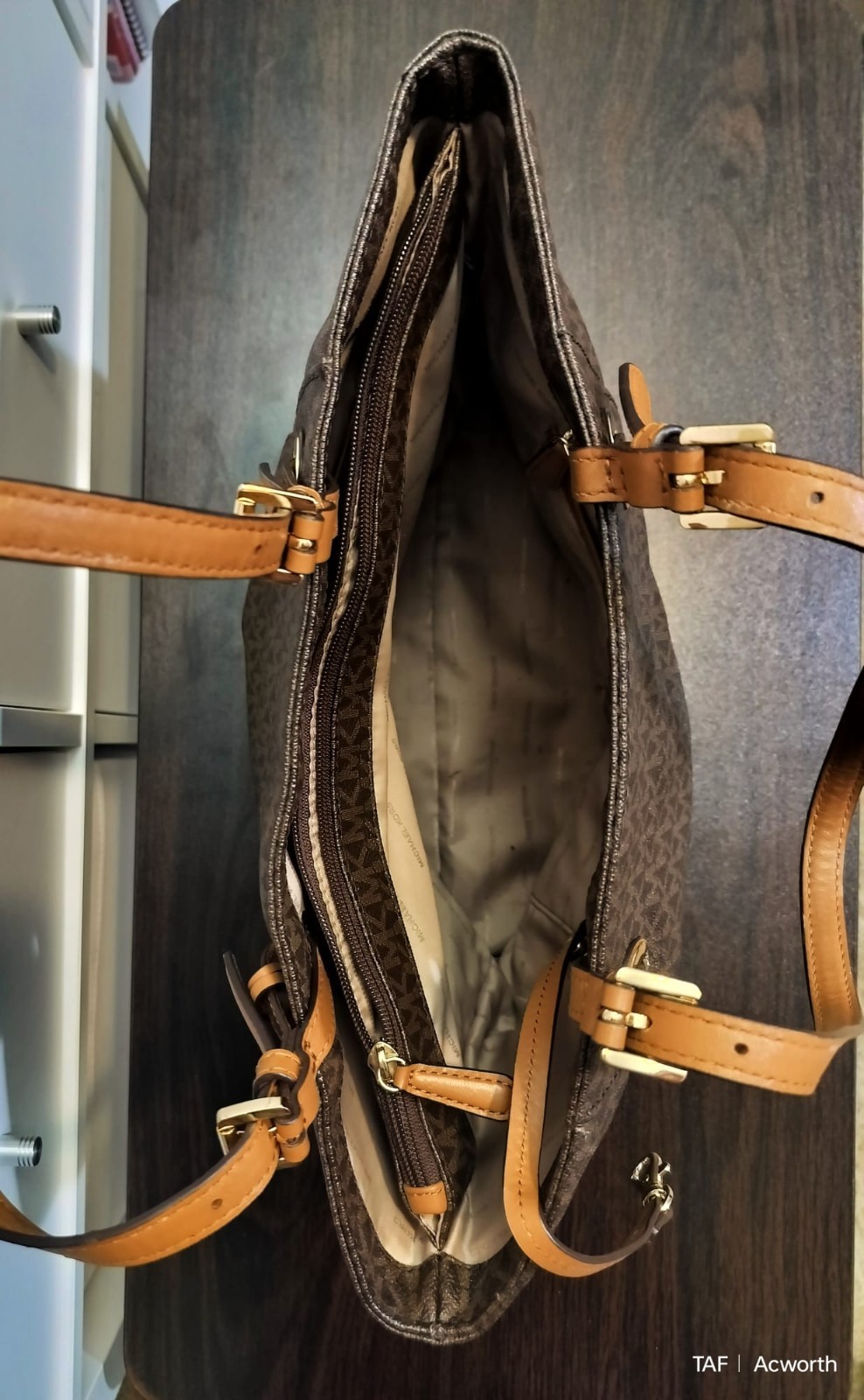 Michael Kors Brown Monogram Tote Shoulder Bag Zip Closure Gold Hardware