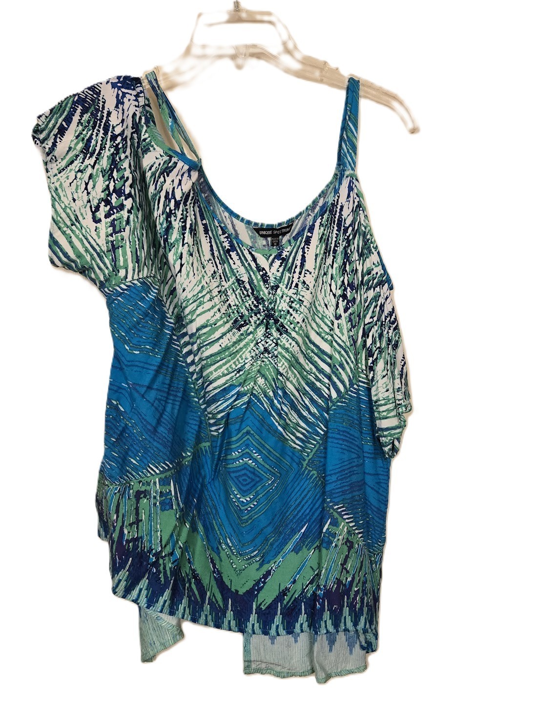 Unique Spectrum Cold Shoulder Top Blue Green Geometric Y2K Boho Women’s Size XL