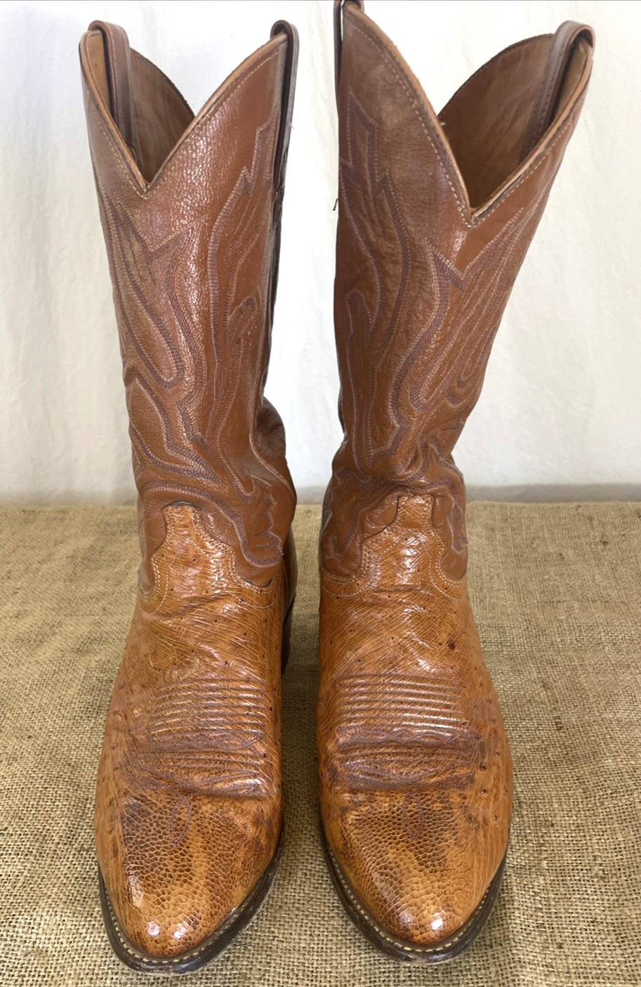 VTG J Chisholm Men Size 11.5D Full Quill Ostrich Leather Cognac Cowboy Boots USA