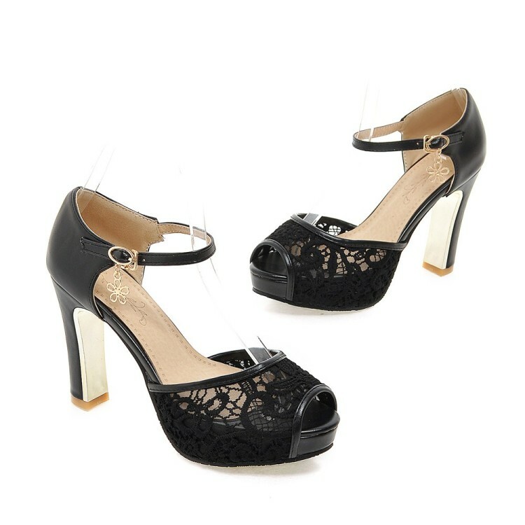 Women Lady Open Toe Lace Floral Sandals Mary Janes High Heel Shoes Stilettos New