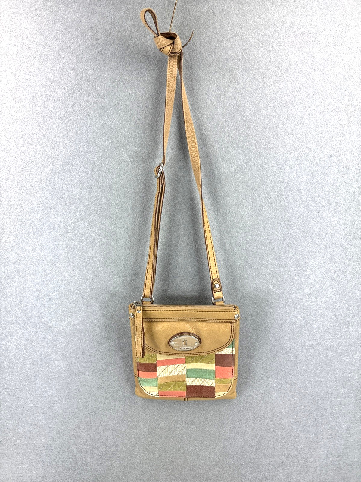 Fossil Maddox Patchwork Colorblock Lt Tan Leather Adj Strap Y2K Crossbody Purse